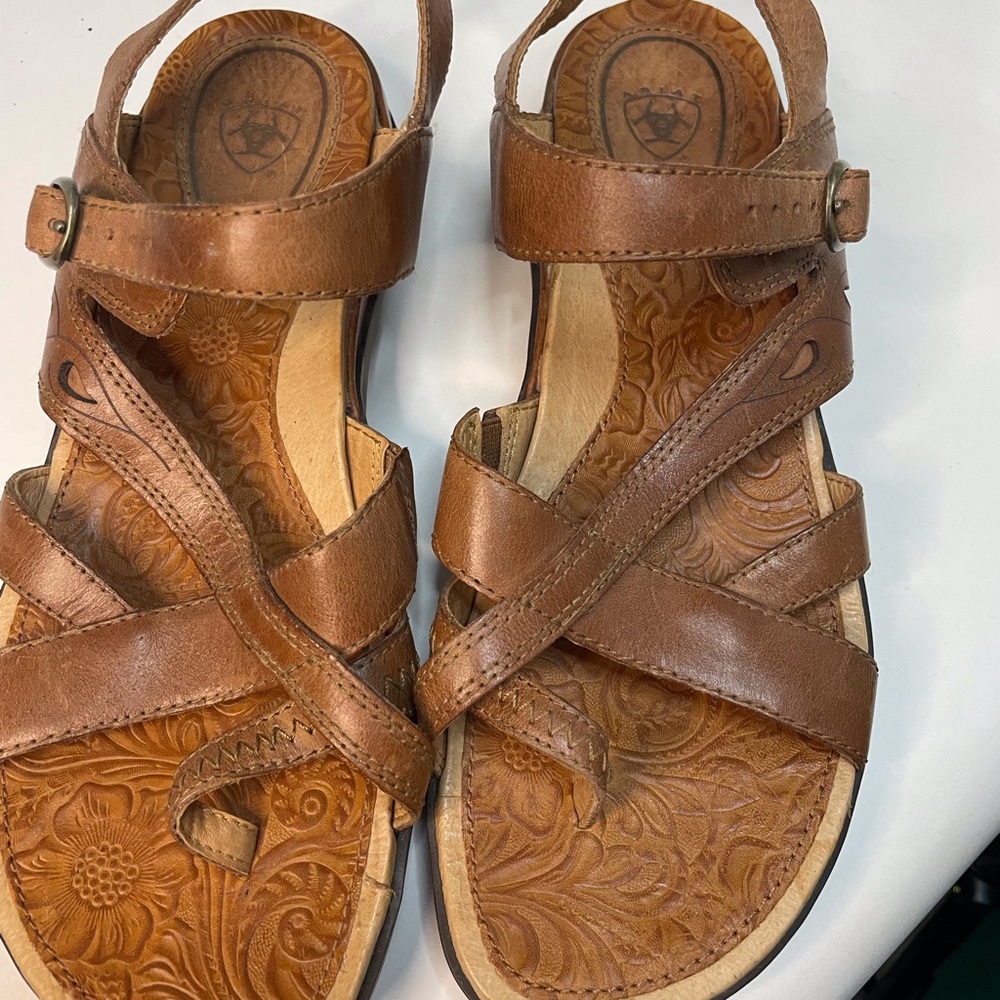 Ariat Tan Leather Sandals with Intricate Floral Leather Pattern